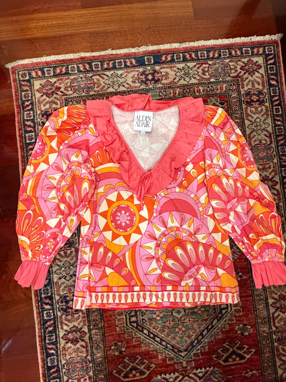 Alden Adair Coral Pink & Orange Printed Ruffle Neck Blouse